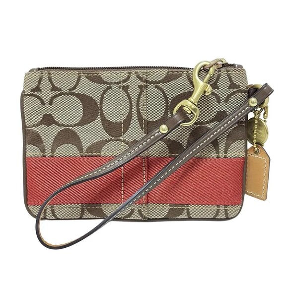 COACH Wristlet Signature F40028 Brown Orange Dark Brown Jacquard Leather - - Picture 1 of 5